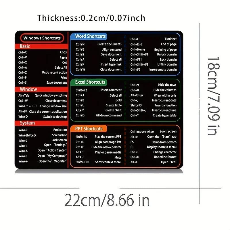 Mousepad De Oficina Con Atajos Teclado Office - 22x18 cm